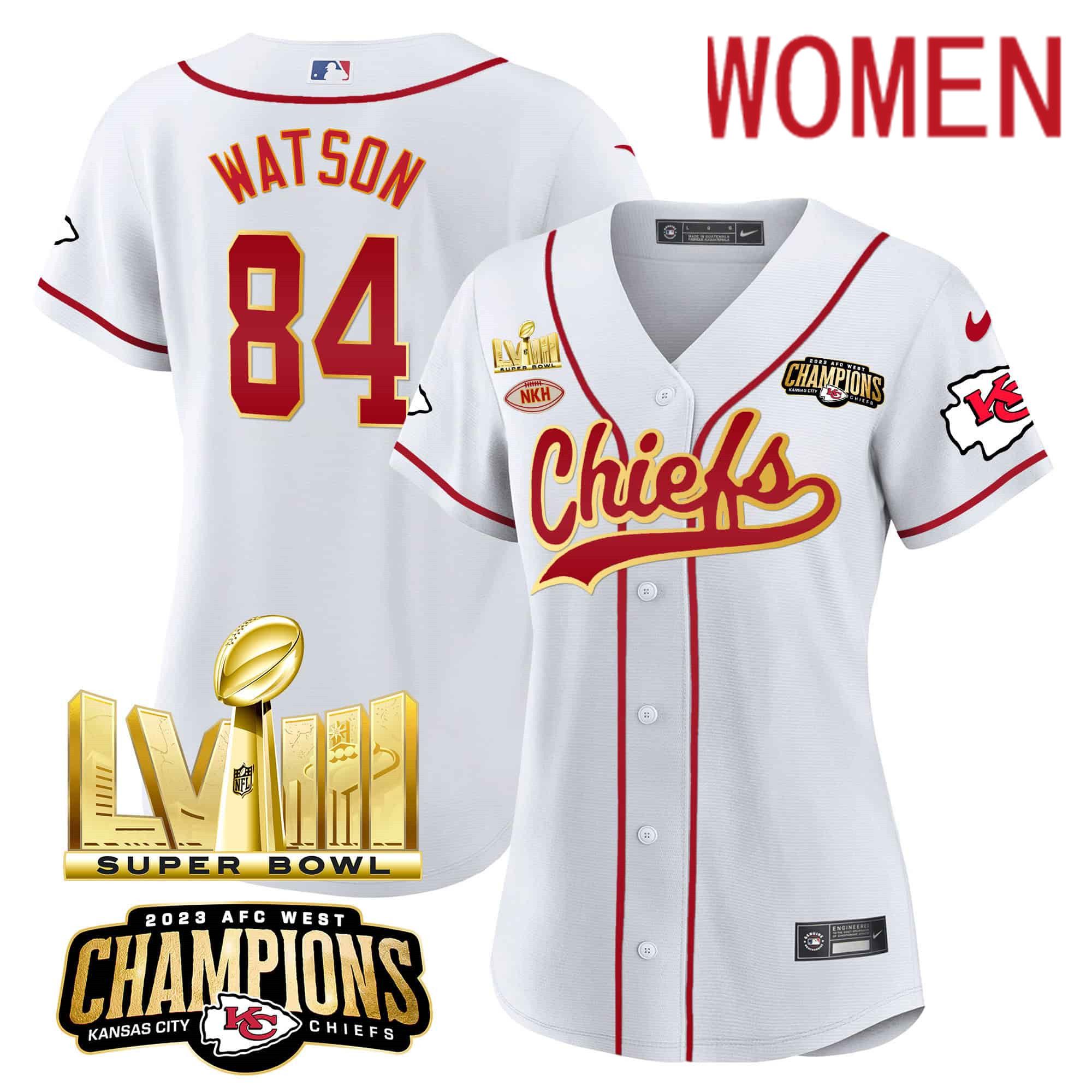 Women Kansas City Chiefs 84 Watson White 2024 Nike Super Bowl LVIII Back 2 Back Gold Patch Baseball NFL Jersey